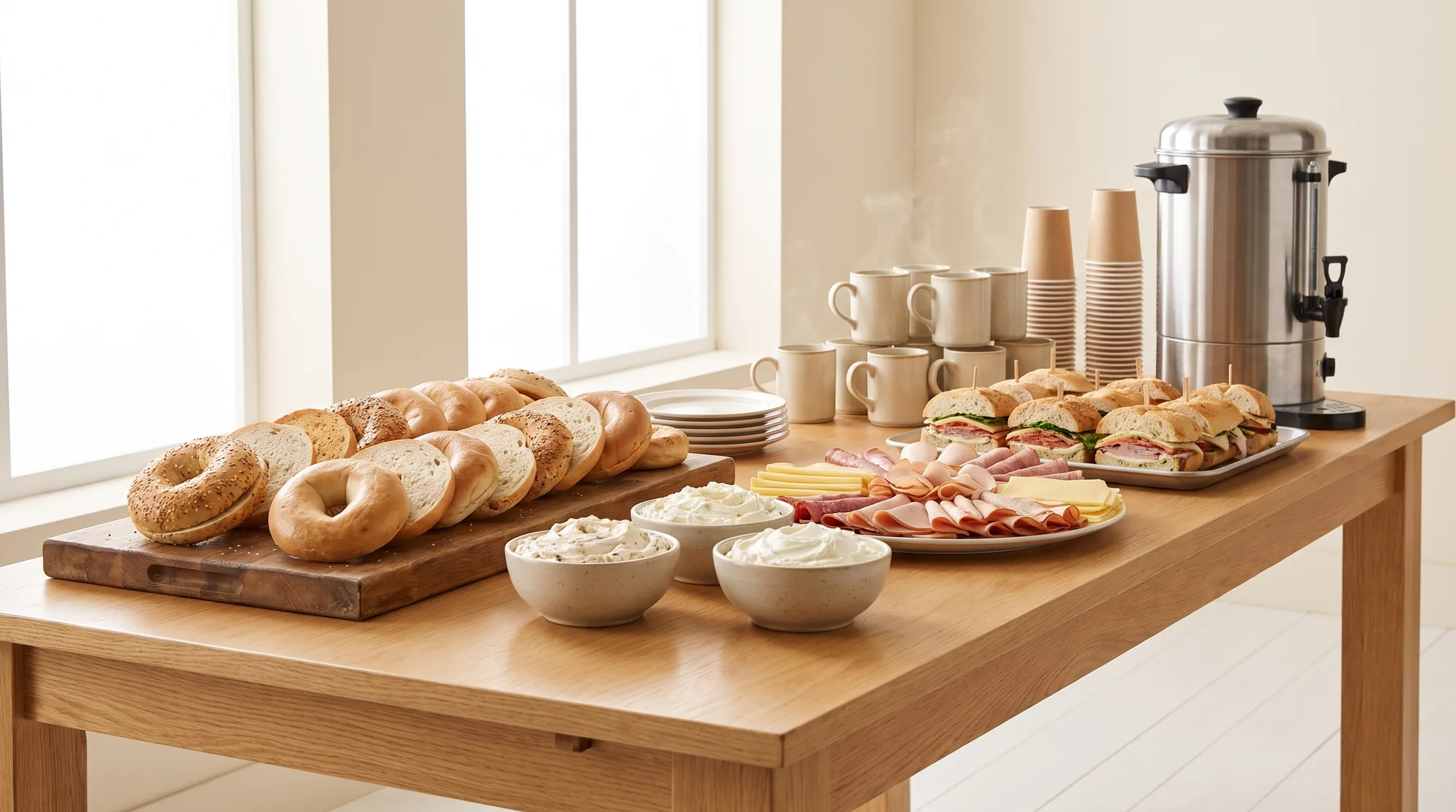 A catering spread of bagels and breakfast