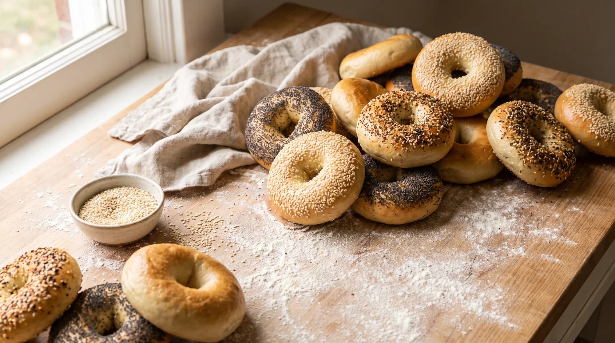 Fresh bagels cooling on the rack at Perry's